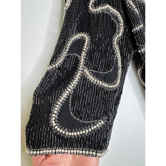 Vintage Michelle Yim for Zimble Silk Beaded Mini Dress Black Pearl 80s Glam M - Picture 12 of 16